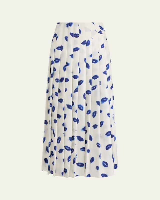 Monti Lip-Print Pleated Maxi Skirt